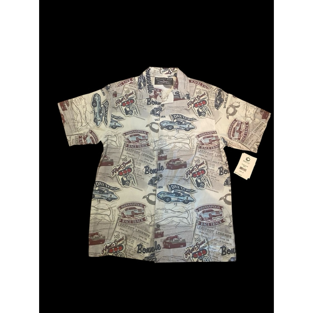 Men's "Newport Blue " Button Up Racing Theme Casual Shirt Size Medium NWT